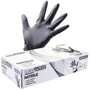 SuperTouch Black Nitrile Disposable Gloves – Powder-Free, Non-Sterile (Small / Medium / Large, Box of 100)